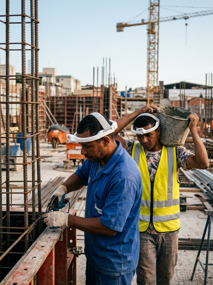 Dois trabalhadores da construção usando a câmera de cabeça